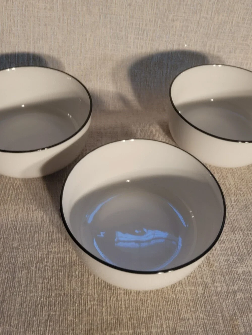Sur La Table White Ceramic Bowls with Black Trim - Set of 3. Excellent